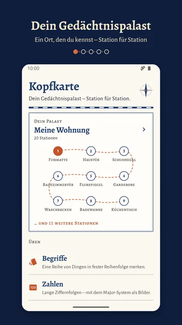 Startseite: Palast „Meine Wohnung“ mit 20 Stationen als Wegkarte – Fußmatte, Haustür, Schuhregal und weitere –, darunter die Übungen Begriffe und Zahlen.