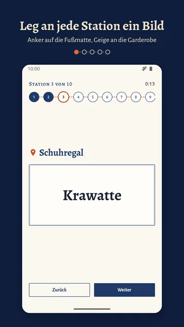 Einprägen, Station 3 von 10: Am Schuhregal liegt der Begriff „Krawatte“; oben die Wegleiste und die Stoppuhr.