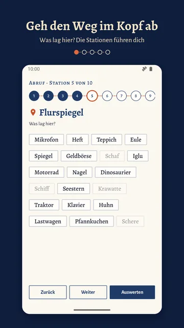 Abruf, Station 5 von 10: „Flurspiegel – Was lag hier?“, darunter Begriffe zur Auswahl wie Mikrofon, Eule, Spiegel und Seestern.