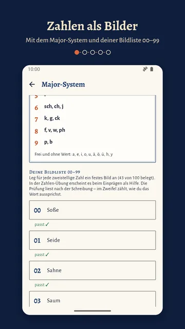 Major-System: Tafel der Ziffern mit ihren Lauten und die eigene Bildliste, etwa 00 Soße, 01 Seide, 02 Sahne, jeweils mit „passt“.