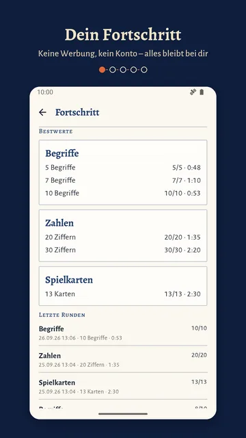 Fortschritt: Bestwerte für Begriffe, Zahlen und Spielkarten mit Zeiten, darunter die letzten Runden.