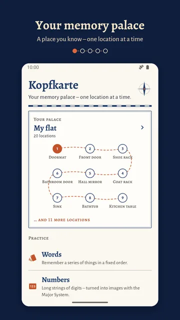 Start screen: the palace “My flat” with 20 locations as a route map – doormat, front door, shoe rack and more – followed by the Words and Numbers exercises.