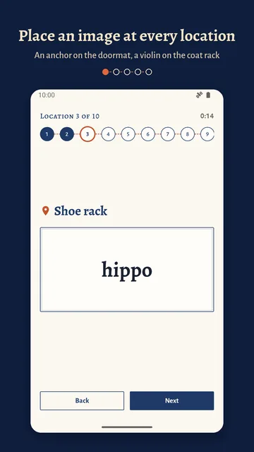 Memorising, location 3 of 10: the word “hippo” at the shoe rack, with the route bar and stopwatch at the top.