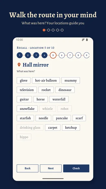 Recall, location 5 of 10: “Hall mirror – What was here?”, with words to choose from such as glove, hot-air balloon, rocket and starfish.