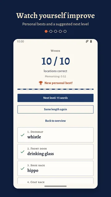 Result: 10 of 10 locations correct, new personal best, suggestion “Next level: 15 words”.