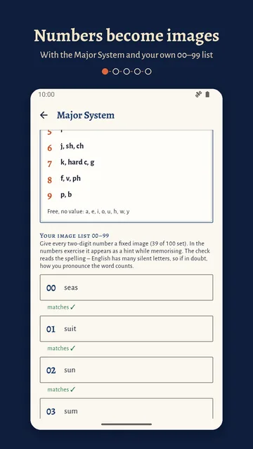 Major System: the table of digits and their sounds, and the personal image list, such as 00 seas, 01 suit, 02 sun, each marked “matches”.