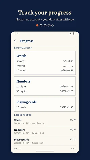 Progress: personal bests for words, numbers and playing cards with times, and the most recent rounds below.